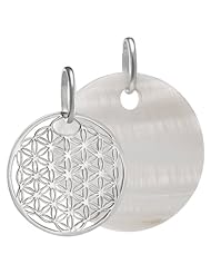 VINANI brand Germany 925 Sterling Silver Pendant Flower of Life shiny with Disc Natural Shell 35 mm (1.38") Mandala ALBW-EZ