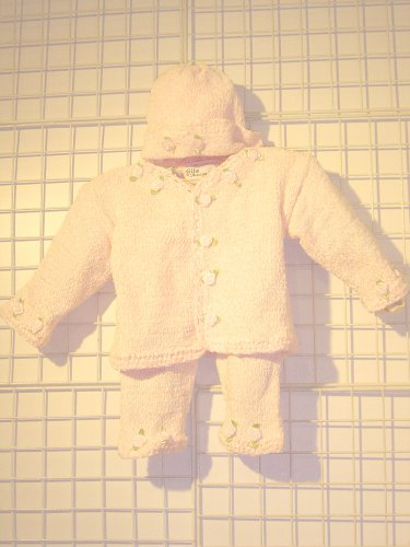 Cpk81bp, Knitted on Hand Knitting Machine Then Finished By Hand Crochet Infant Girls Outfit, Containing Baby Pink Chenille Cardigan Sweater, Pant, Hat Set with Trimmed with Rosebuds