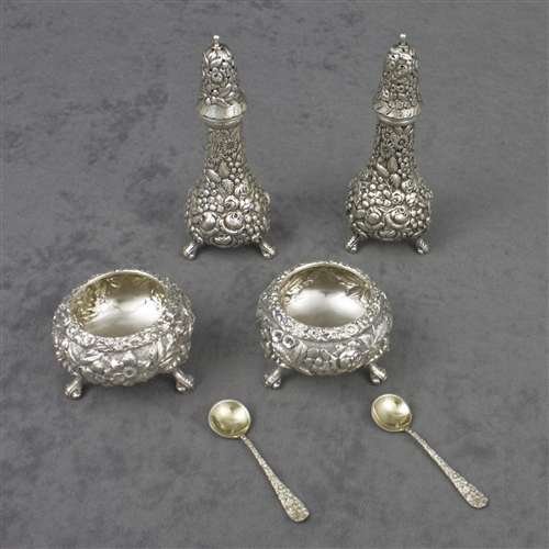 Rose by Stieff, Sterling Pepper Cruet, Salt Stand & Salt Spoon Set, Monogram Esther