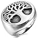 INBLUE Men's Stainless Steel Ring Silver Tone Black Tree of Life
