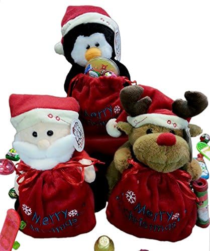 Sitting Christmas Pals w Filled Kids Gift Bag Treats &amp; Toys - 3 Gifts