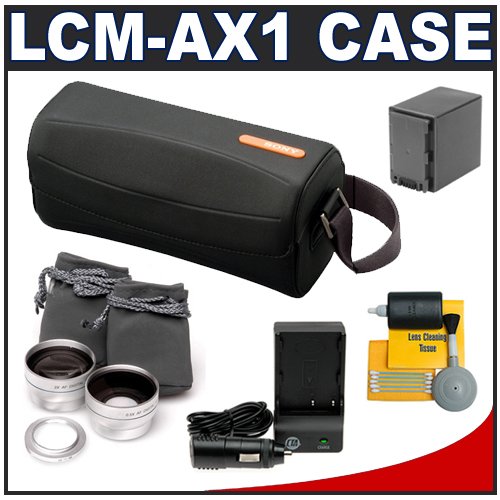 Sony Handycam LCM-AX1 Semi-Soft Carrying Case (Black) + Battery & Charger + Telephoto/Wide Angle Lenses + Accessory Kit for HDR-CX520V, CX520, CX505V, CX500V, CX500, CX100, XR100, XR200, XR500, XR520, DVD850 Camcorders