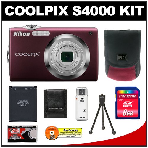 Nikon Coolpix S4000 Digital Camera 12 MP Digital Camera with 4x Optical Zoom (Plum) with 8GB Card + Battery + Case + Accessory Kit