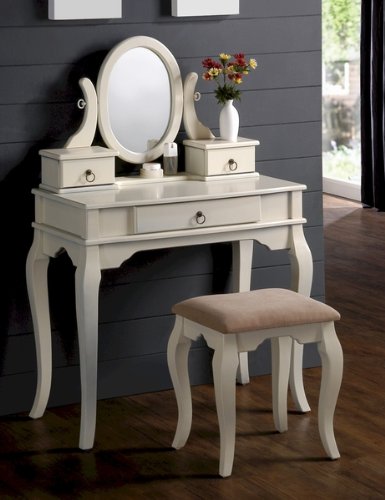 Bedroom Makeup Vanity Set With Traditional Design Vanity Table, Mirror And Stool In White Finish. On Sale