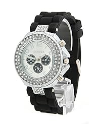 Watch: shot-in Lady Girl Women Geneva Silicone Crystal Quartz Movement Jelly Wrist Watch (Black) - shot-in