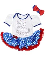 Baby Rhinestone 4th July Princess Blue Star White Bodysuit Tutu & Headband