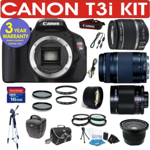 Canon Rebel T3i Digital Camera + Canon 18-55 Zoom Lens + Canon 75-300 Telephoto Zoom Lens + 500mm Mirror Lens + .40x Super Wide Angle Fisheye Lens + 2x Telephoto Lens + 4 Piece Macro Kit + 16GB Memory Card + 3 Year Celltime Warranty