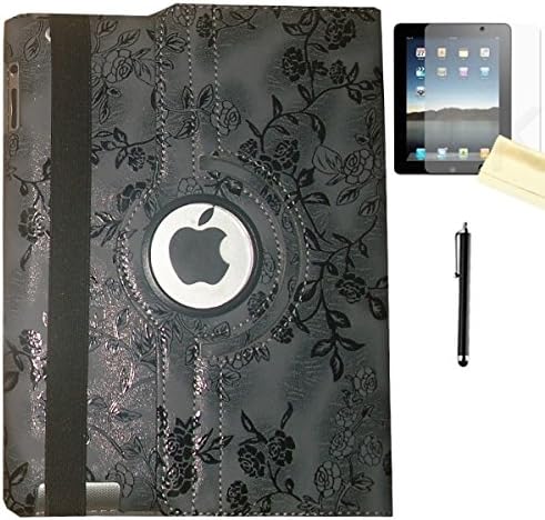 iPad Mini Case - JYtrend (TM) 360 Degrees Rotating Stand Leather Magnetic Smart Cover Case With Wake Sleep Feature For iPad Mini 1/iPad Mini 2/iPad Mini 3, With Free Screen Protector, Stylus and Cleaning Cloth, Grey Black Flower