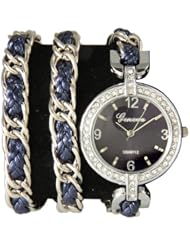 Geneva Navy Blue w/ Silver Twisted Rope Chain Triple Wrap Watch Toggle Clasp w/ Rhinestones