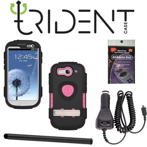 Samsung Galaxy S3, SIII Pink Trident Kraken Super Rugged Heavy Duty Cover with Car Charger, Stylus Pen and Radiation Shield.