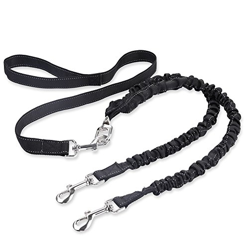 Uarter Double Dog Bungee Leash with Comfortable Soft Grip Rubber Handle,Reflective Stitching Pet Double Dog Leash Coupler