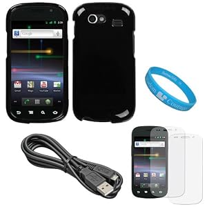 Candy Black Rubberized Protective Crystal Hard Case Cover for T-Mobile Samsung Nexus S Android Smartphone (Samsung GT-i9020) + 2 Piece Clear Screen Protector + Black Micro USB Data Cable Cord + SumacLife TM Wisdom Courage Wristband