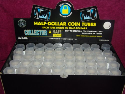 COIN STORAGE TUBES, round clear plastic w/ screw on tops for HALF DOLLARS (DISPLAY BOX of 100)