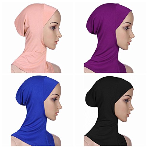 Ksweet 4pcs Lightweight Elastic Hijab Caps Full Cover Hijab Bonnet Islamic Scarf for Women Turban (Black+Blue+Purple+KQ)
