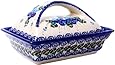 Polish Pottery Ceramika Boleslawiec,  0352/162, Butter Dish Deep, 2 Cubes, Royal Blue Patterns with Blue Pansy Flower Motif