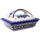 Polish Pottery Ceramika Boleslawiec,  0352/162, Butter Dish Deep, 2 Cubes, Royal Blue Patterns with Blue Pansy Flower Motif