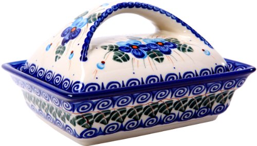 Polish Pottery Ceramika Boleslawiec,  0352/162, Butter Dish Deep, 2 Cubes, Royal Blue Patterns with Blue Pansy Flower Motif