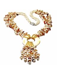 Candygem Stunning 24 Inch White Freshwater Cultured Pearl Necklace with Orange Agate Chips & Mother of Freshwater Cultured Pearl Disk From Nicolette Bermans Love of Nature Collection.