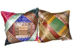 Home Decor -2 Hot Pink Blue Green Sari Zari Borders Toss Pillow Cushion Covers