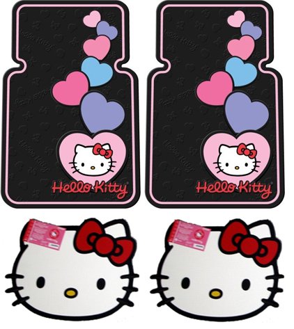 Hello Kitty Face Front & Rear Car Truck SUV Floor Mats + Bonus Bling Sticker Kit