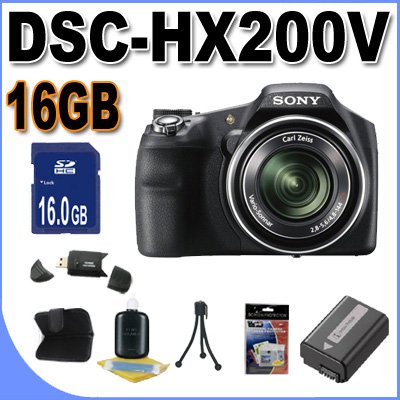 Sony Cyber-shot DSC-HX200V 18.2 MP Exmor R CMOS Digital Camera with 30x Optical Zoom and 3.0-inch LCD (Black) + FH50 Battery + 16GB SDHC Card + Card Reader+ tripod + more!!!!