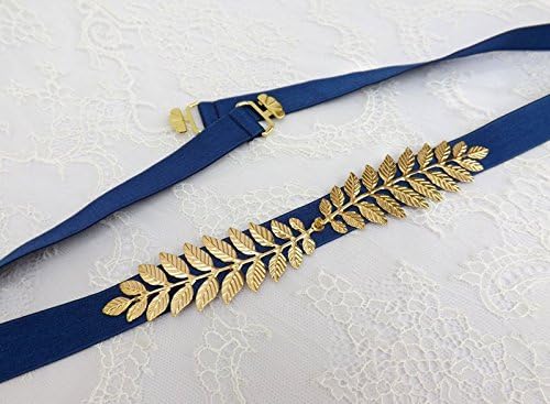 Navy blue elastic waist belt. Gold plated leaf belt. Grecian belt. Dress belt.