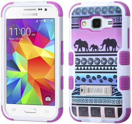 Samsung Galaxy Core Prime (G360) / Samsung Galaxy Prevail LTE Phone Case, Luxca (Tm) Samsung Galaxy Prevail LTE / Samsung Galaxy Core Prime Hybrid Heavy Duty Rugged Impact Advanced Armor Soft Silicone Cover Hard Snap On Dynamic Case with Kickstand Tuff Symbiosis + Clear Lcd Screen Protector + Luxca (Tm) Stylus Pen (Elephant Tribal / Purple Tuff Kickstand)