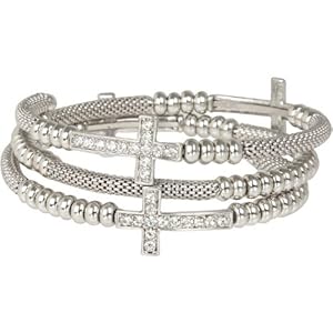 Heirloom Finds Crystal Sideways Cross Coil Wrap Bracelet of Silver Tone Mesh