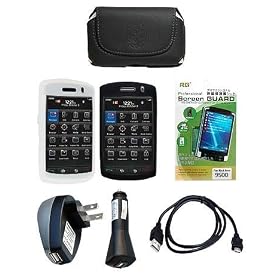 Accessories for Blackberry Storm 9500 . Premium Black Leather Case with Belt Clip + Black Durable Rubber Soft Silicone Skin Cover Case + Clear Durable Rubber Soft Silicone Skin Cover Case + USB Rapid Car Charger + USB Home Travel Charger + Clear Durable Reusable LCD Screen Protector + USB Data Cable for RIM Blackberry 9530 9500 Storm Smartphone