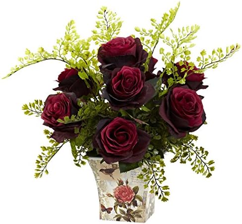 Rose &amp; Maiden Hair Silk Flower Arrangement - Burgundy