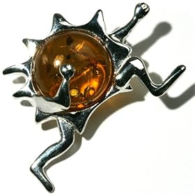 Certified Genuine Honey Amber and Sterling Silver Flaming Sun Pin