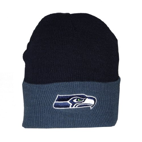 Adult NFL Seattle Seahawks Warm Ski & Skate Roll Up Beanie / Winter Hat - One Size Fits All - Blue & Grey