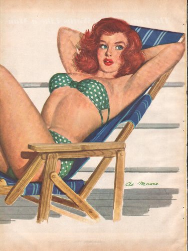 1950 Pin Up Sexy Girl in Green Bathing Suit Lounging on an Ocean Cruise