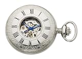 Avalon 17 Jewel Mechanical Skeleton Silver-Tone Covered Pocket Watch with Desktop Brass Stand and Chain # 8760SX-STND