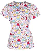 G Med Women's Printed Mock Wrap Back Tie 2 Pockets Scrub Top