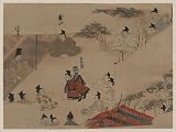 Poster Print of Artwork showing a man wearing padded armor with a quiver full of arrows kneeling before a man sitting on a raised platform with members of his court sitting at the periphery of the mostly enclosed area; soldiers with bows and swords wait outside the enclosure