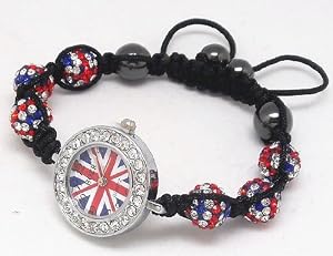 Bracelet Style Shamballa Montre Cristal/Hématite - Drapeau Anglais Uk Angleterre - Ajustable
