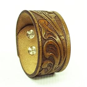 Handmade Genuine Leather Cuff Bracelet BROWN WITH WESTERN EMBOSSING Style 23- In Choice of Sizes