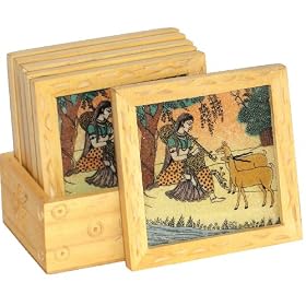 Handmade Jaipuria Coaster #5 Classic Hand Printed Lady with Goat