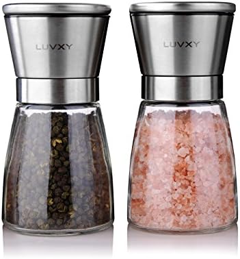 Salt and Pepper Grinder Set - Top Grade Non Corrosive Ceramic Mill With Brushed Stainless Steel and Glass Body