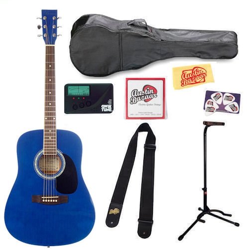 Barcelona D100 Full-Size Dreadnought Acoustic Guitar Bundle with Tuner, Stand, Gig Bag, Strap, Strings, Pick Card, and Polishing Cloth - Transparent Blue