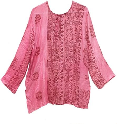 Womens Cotton Hand Printed Tunic Top Shirt Kurta Blouse Fits S,M,L (Pink)