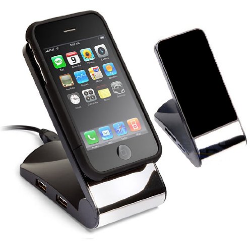 Non-Slip Cell Phone Stand (Black) with USB 2.0 4-Port Hub - Great for iPods, iPhones, Cellphones and MP3 Players
