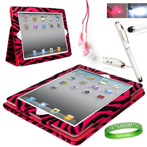 Pink Zebra iPad Skin Cover Case Stand with Screen Flap and Sleep Function for all Models of The NEW Apple iPad (3rd Generation, wifi , + AT&T 3G , 16 GB , 32GB , MD328LL/A , MD329LL/A , MD330LL/A ect..) + Compatible Pink iPad earbud Earphones with Noise reduction + Custom iPad Anti Glare Screen Protector + Live * Laugh * Love Vangoddy Trademarked Wrist Band + Multifunctional iPad Stylus with Laser Pointer & LED Light *Batteris INCLUDED*