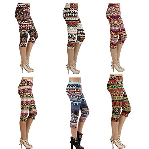 Wholesale Pack of 6 Capri Soft Spandex Tribal Mixed Print