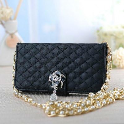 Fashion Diamond Lattice Cell Phone Pouch Folio Flip PU Leather Case Wallet Cover for Samsung Galaxy Note3 N900 N9000 with Multiple ID Card Holders & Long Strap & Money Pocket & Bling Flower Design - Black
