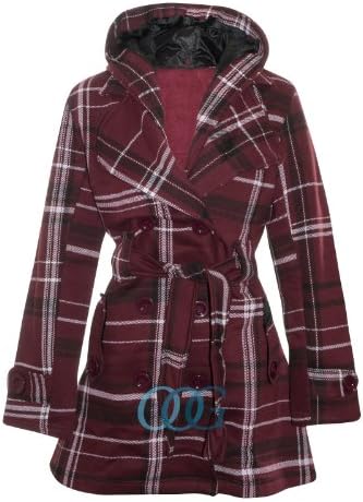 OutofGasClothing Women's Belted Fleece Button Coat Check Hood Jacket