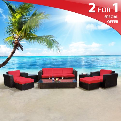 Bahama Modern Outdoor Patio Wicker Sectional Furniture 8 Piece Set Spice Red