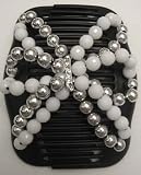 HAIR BLING WHITE & SILVER PATTERN GLITZ HUGGER DOUBLE BEADED COMB W69