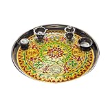 Large Artistic Diwali Pooja Thali with Decorative Meenakari Work with Incense Stick Stand + Diya + Haldi Kum Kum Box + Prashad Catori